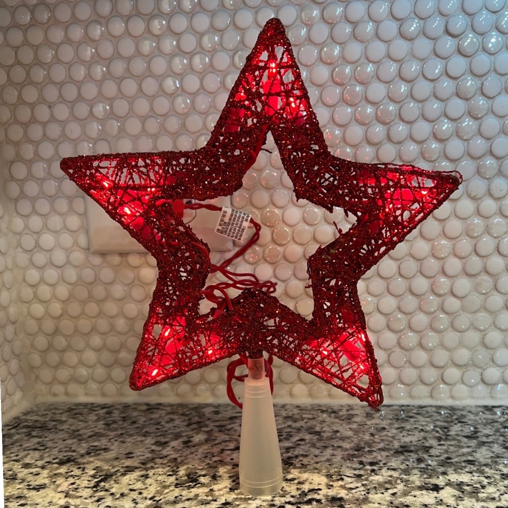 Red Glitter Lighted Star Christmas Tree Topper 10 Inch‎ Holiday Decor Plug-In